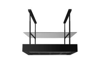 Czarny okap wyspowy o minimalistycznym designie.